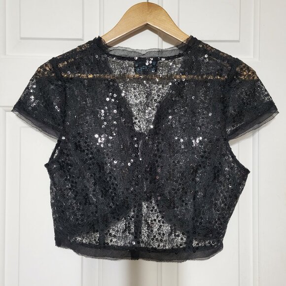 Till The End Black Sheer Sequin Embellished Short Sleeve Tie Front Bolero Shrug - Picture 2 of 12